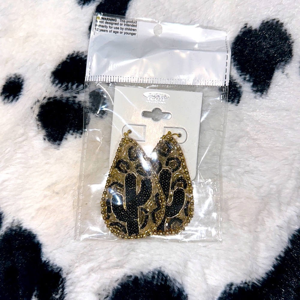Beaded Leopard with Cactus Oval Hook Earrings